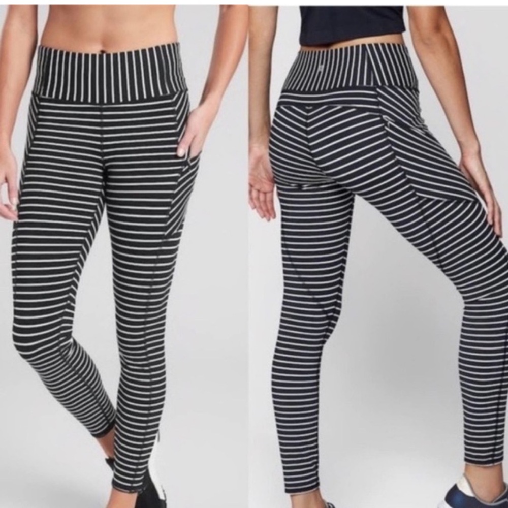 Athleta Contender Stretch Zip Pockets Tight/Powerlift - Black & White Stripe-XXS